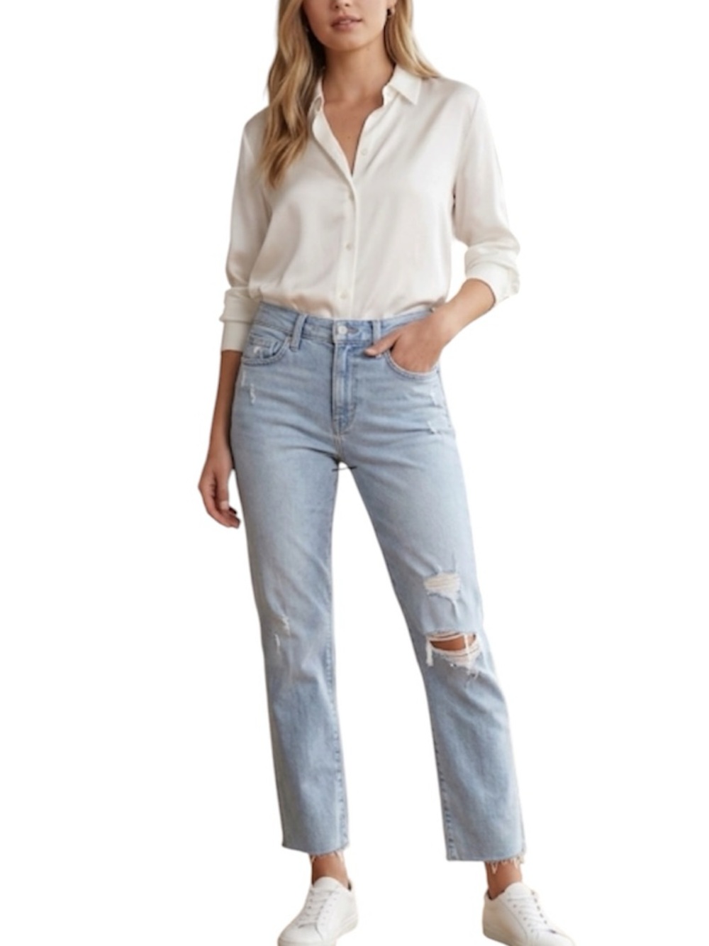 Joe’s Jeans Lara Light Wash Raw Hem Distressed Straight Leg Ankle Jeans